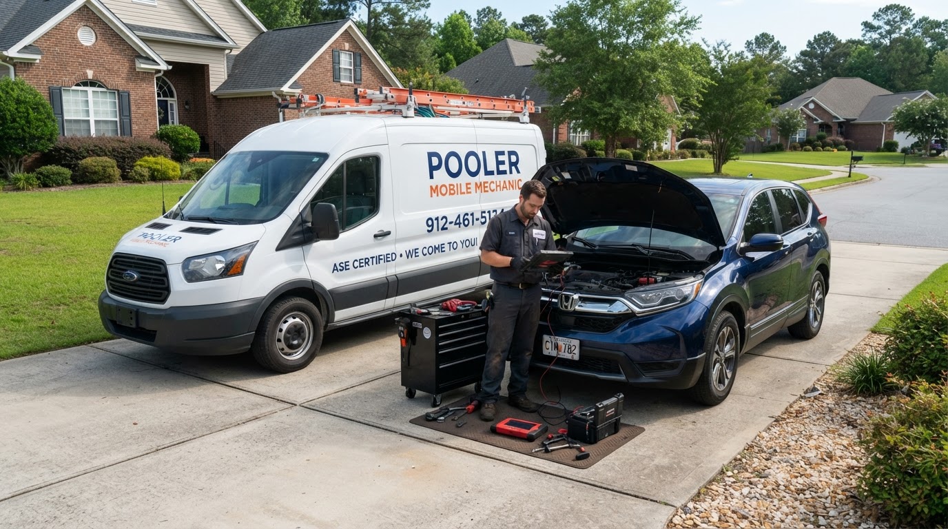 Mobile mechanic testing charging voltage with a multimeter at the vehicle in Pooler GA