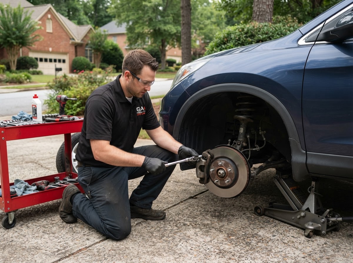 Mobile mechanic inspecting and replacing a brake rotor outdoors in a Pooler Georgia driveway