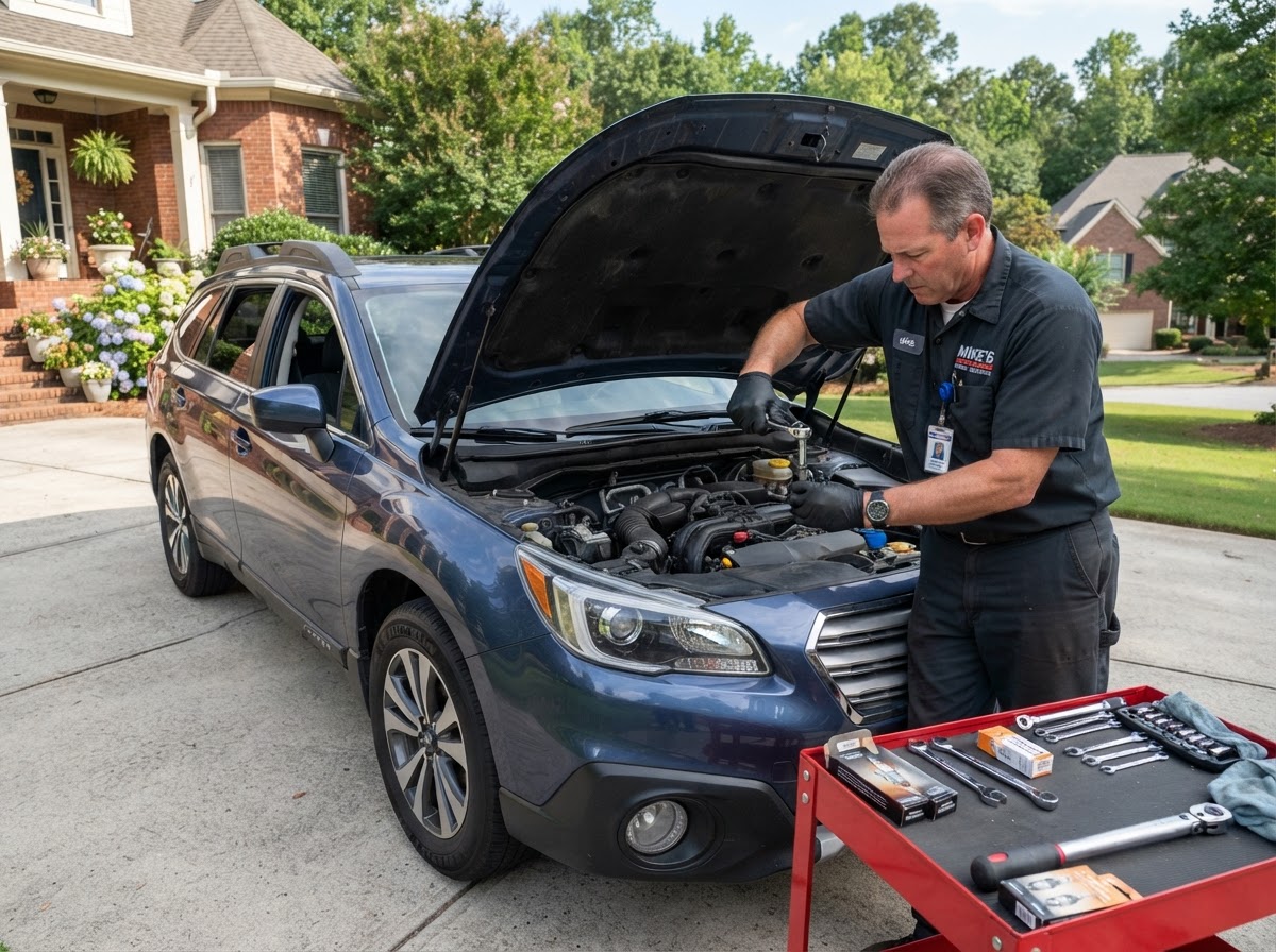 Mobile mechanic replacing spark plugs in a car engine bay outdoors in Pooler Georgia
