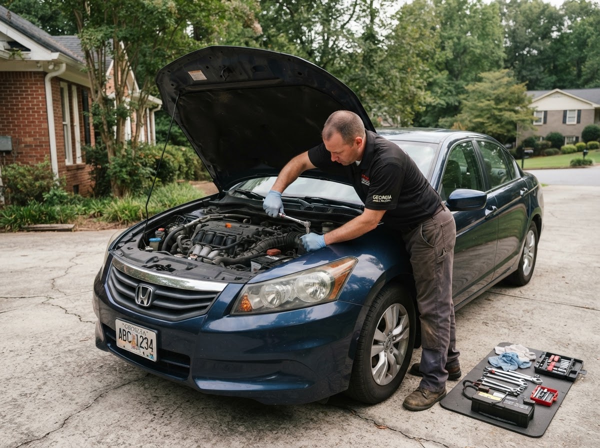 Mobile mechanic replacing a starter motor outdoors in a Pooler Georgia driveway