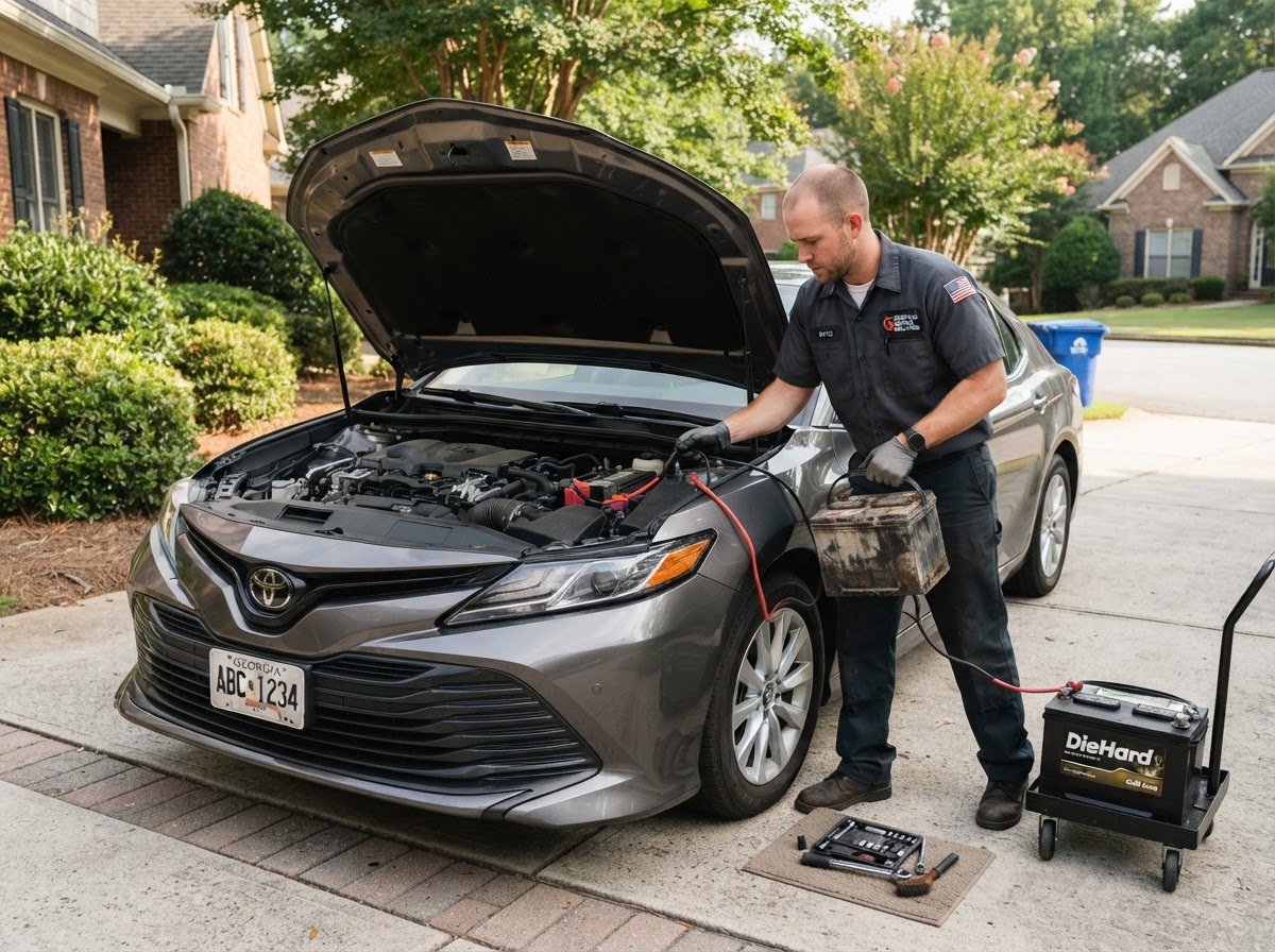 Mobile mechanic replacing a car battery outdoors in a Pooler Georgia driveway