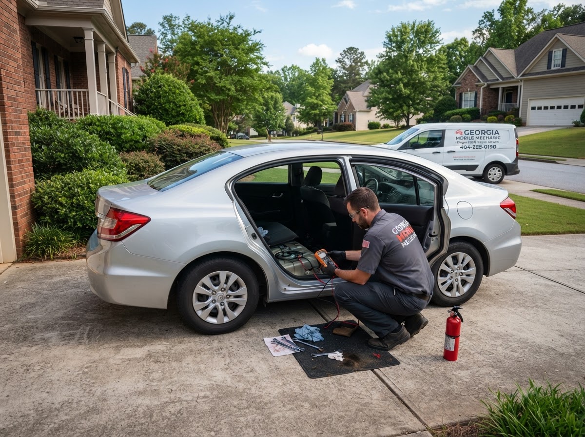 Mobile mechanic performing safe fuel pump diagnostic service outdoors in Pooler Georgia