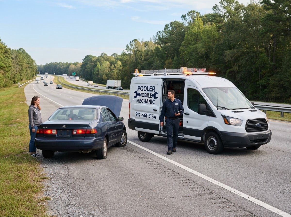 Pooler Mobile Mechanic service van assisting a stranded driver on a freeway shoulder in Georgia