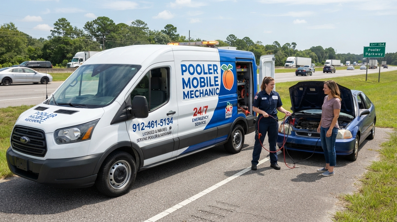 Pooler Mobile Mechanic service van with phone number 912-461-5134 providing emergency roadside assistance jump start in Pooler GA