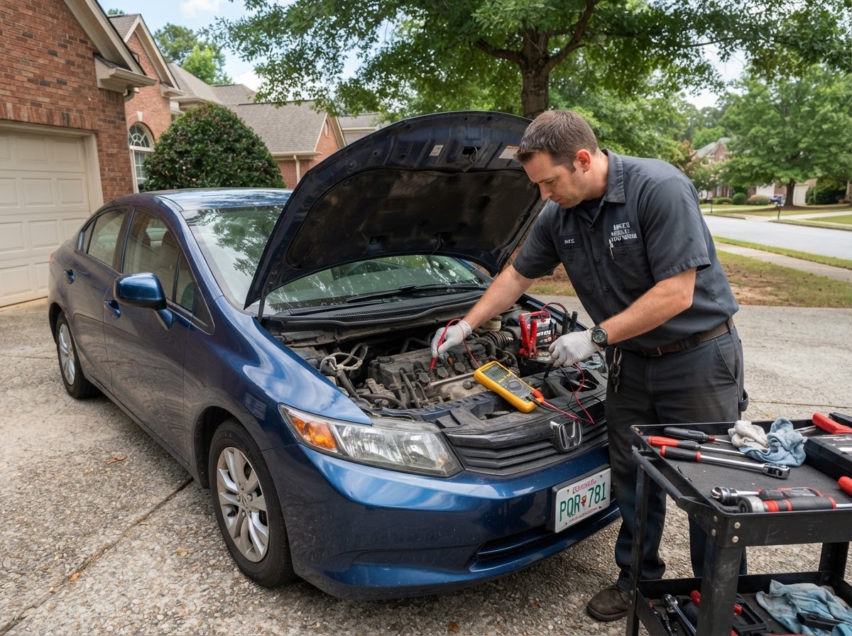 Mobile mechanic diagnosing a car that will not start outdoors in a Pooler Georgia driveway