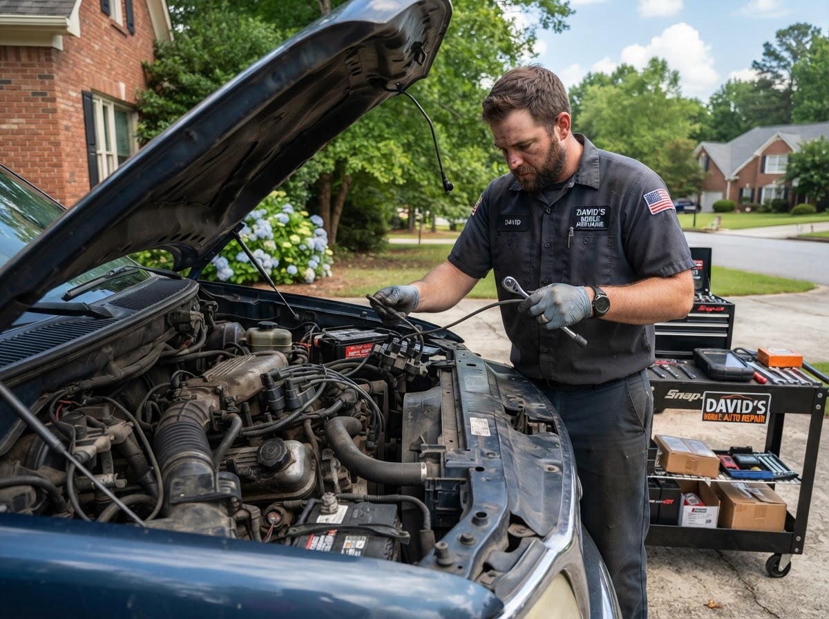 Mobile mechanic performing a tune-up on a car engine outdoors in Pooler Georgia