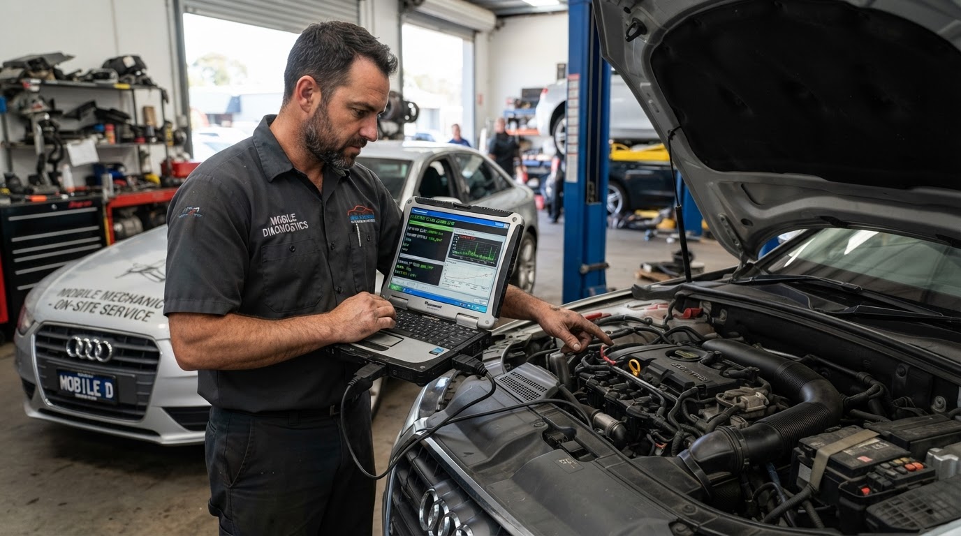 Mechanic running computer diagnostics on car in Pooler Georgia