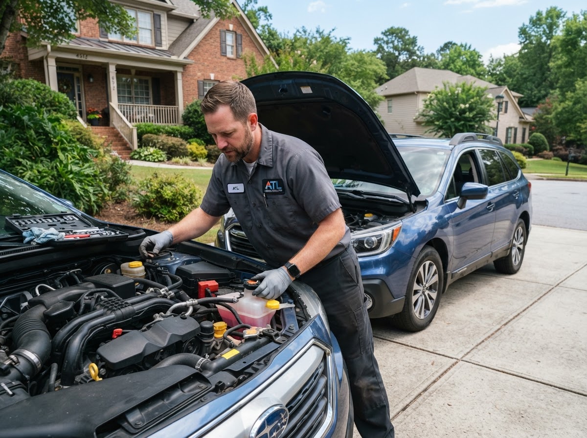 Mobile mechanic inspecting a vehicle cooling system under the hood outdoors in Pooler Georgia