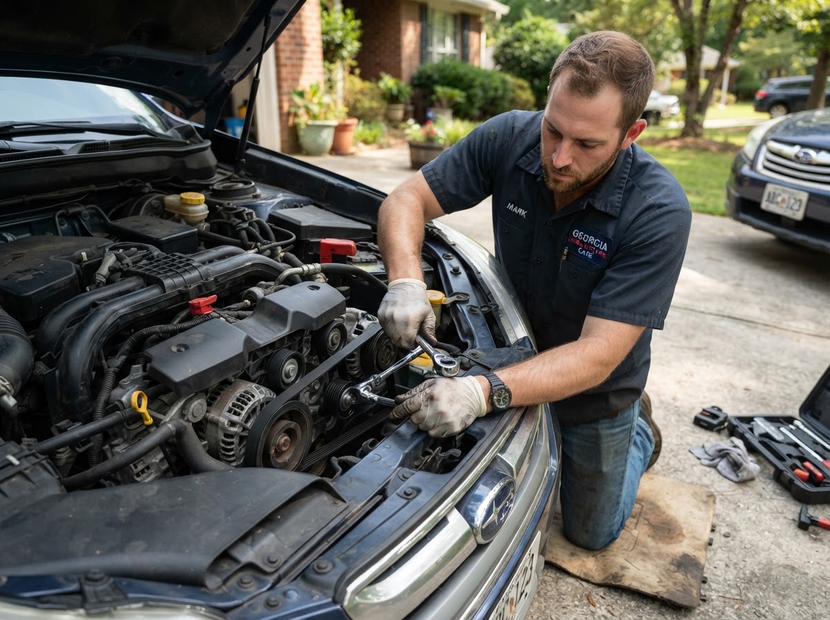 Mobile mechanic inspecting the serpentine belt and pulley system outdoors in a Pooler Georgia driveway