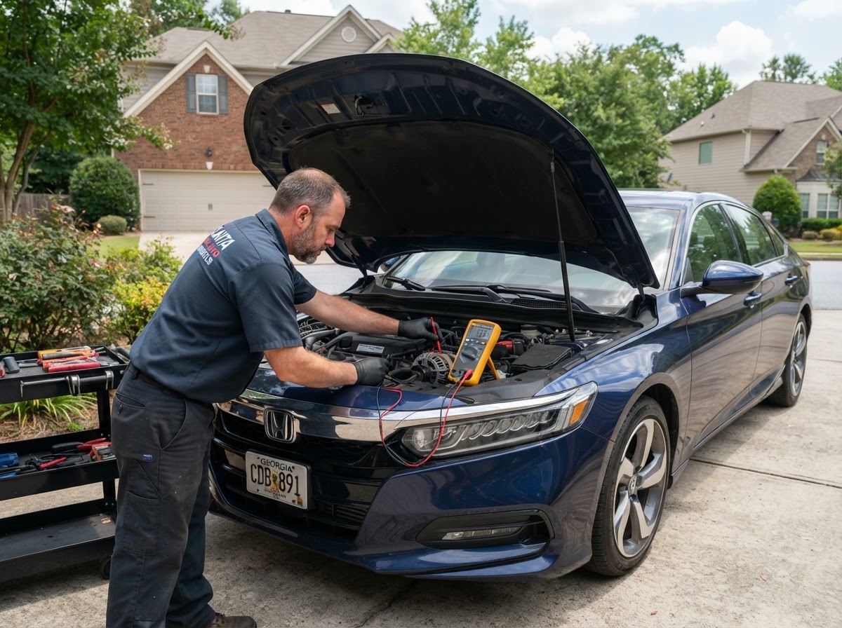 Mobile mechanic using a multimeter for auto electrical diagnostics outdoors in Pooler Georgia
