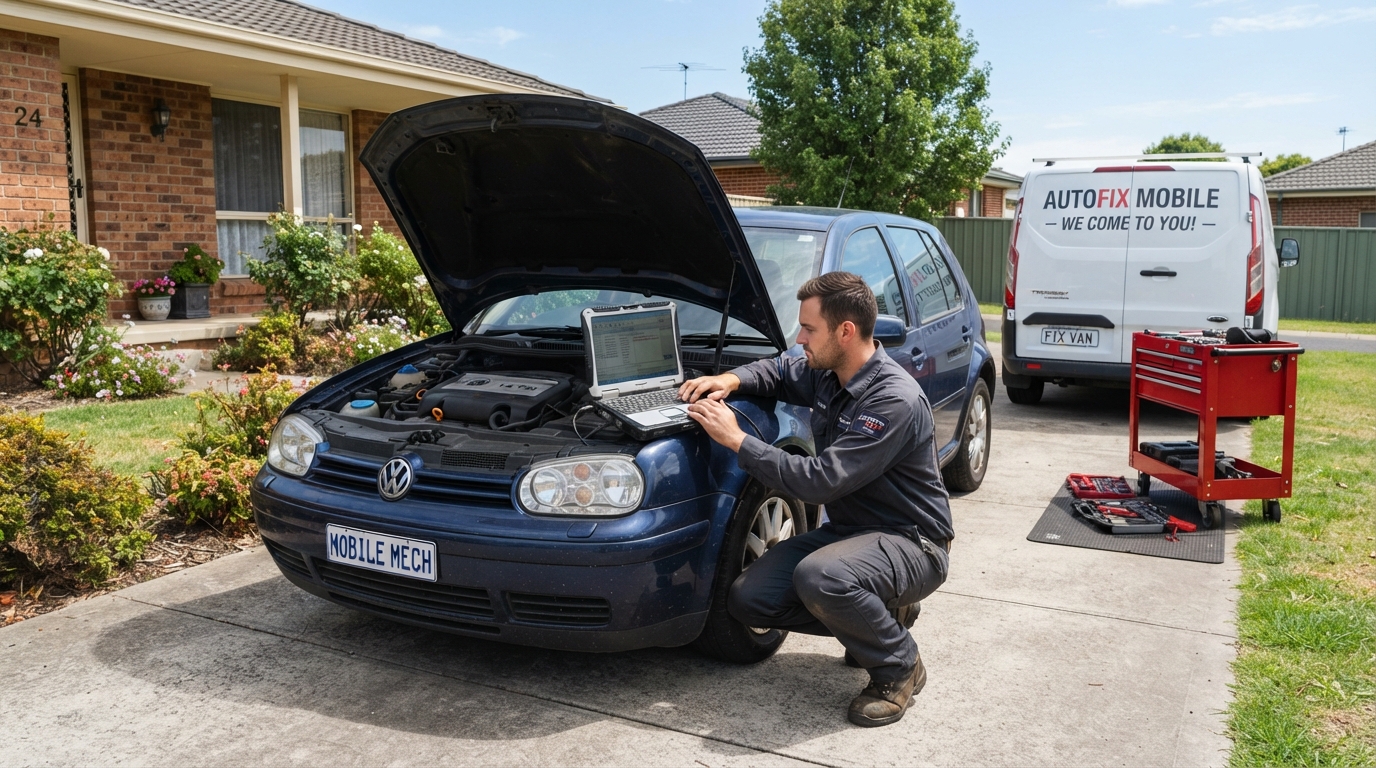Mobile mechanic running computer diagnostics on a full car in a Pooler Georgia driveway