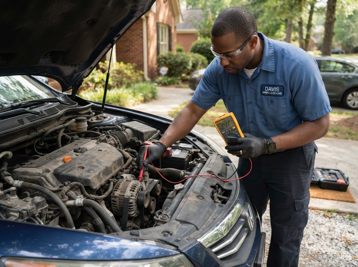 Mobile mechanic testing a starter and charging system outdoors in Pooler GA