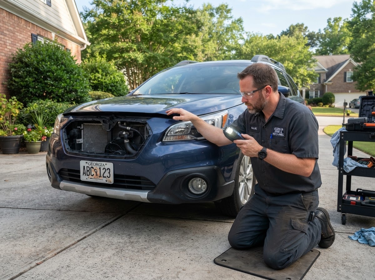 Mobile mechanic inspecting a vehicle radiator and cooling system outdoors in Pooler Georgia