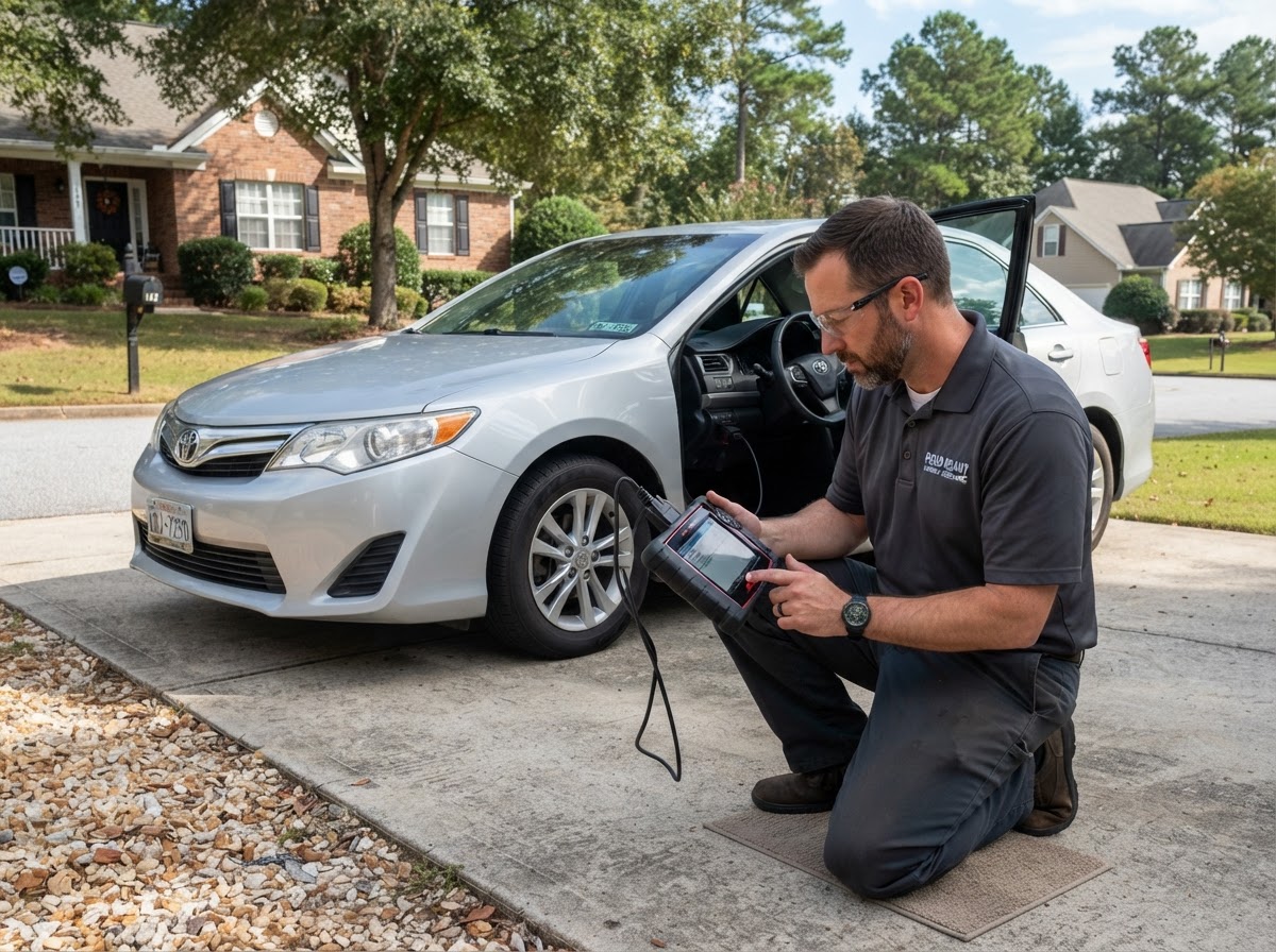 Mobile mechanic reading a check engine light code with a diagnostic scan tool outdoors in Pooler Georgia