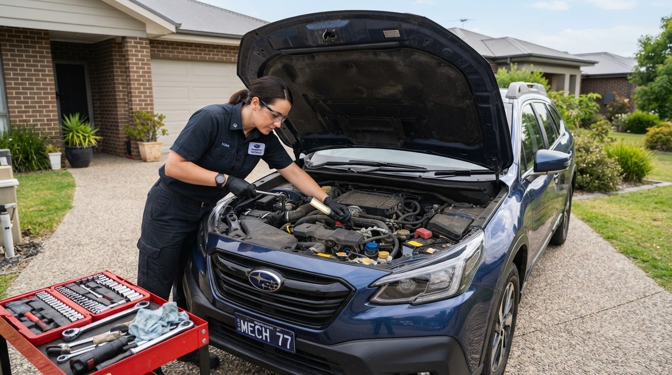 Mobile mechanic inspecting engine under open car hood in Pooler GA