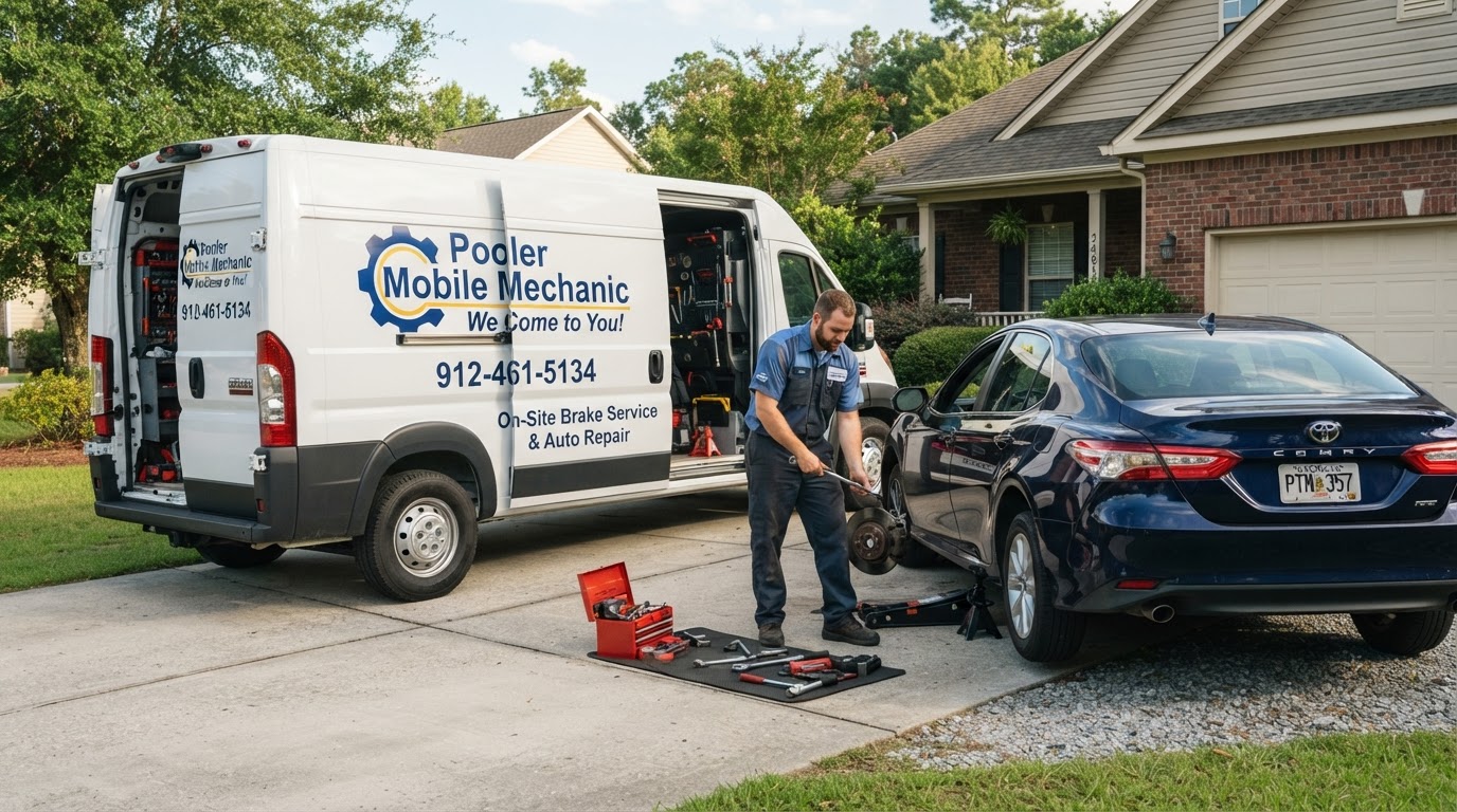 Pooler Mobile Mechanic service van beside a customer vehicle for outdoor electrical diagnostics