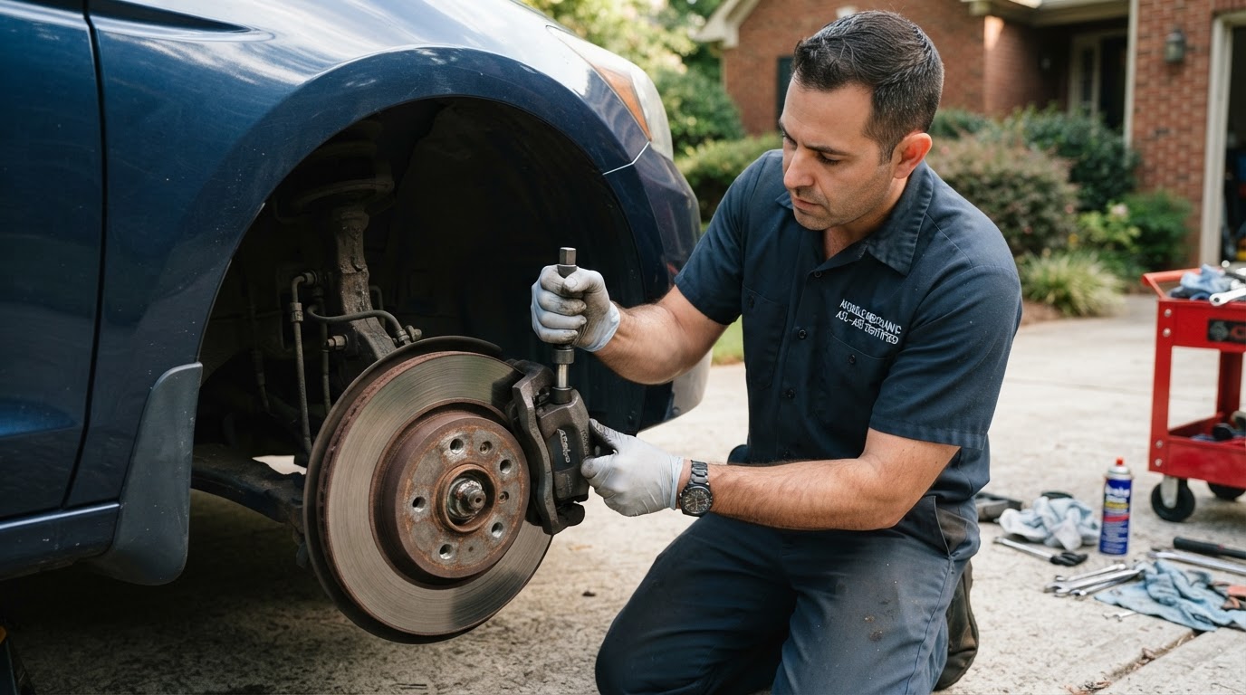 Mobile mechanic inspecting a brake caliper and pads up close outdoors in Pooler GA