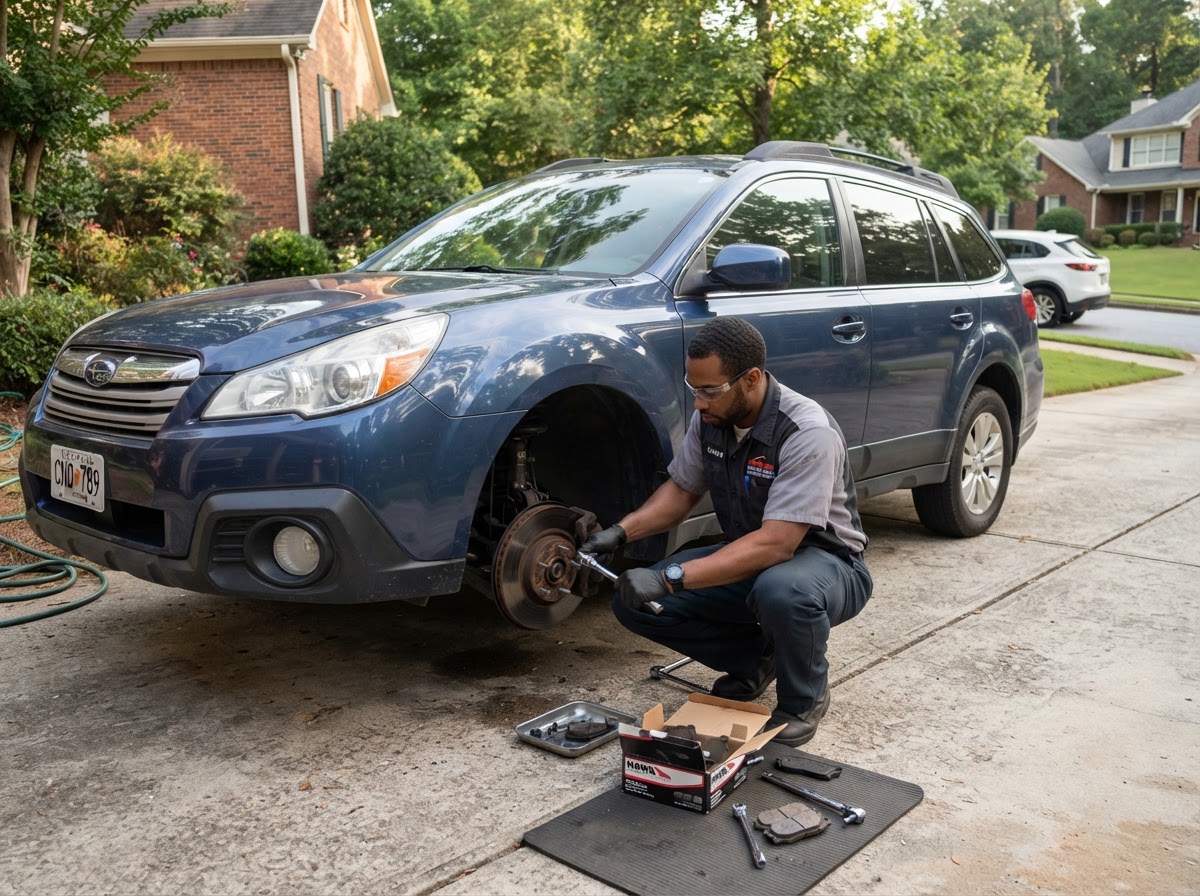Mobile mechanic replacing brake pads on a car outdoors in a Pooler Georgia driveway