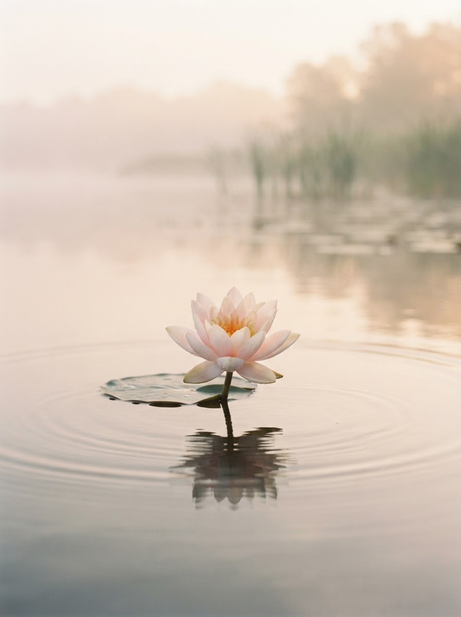 A single lotus flower opening on calm water at dawn