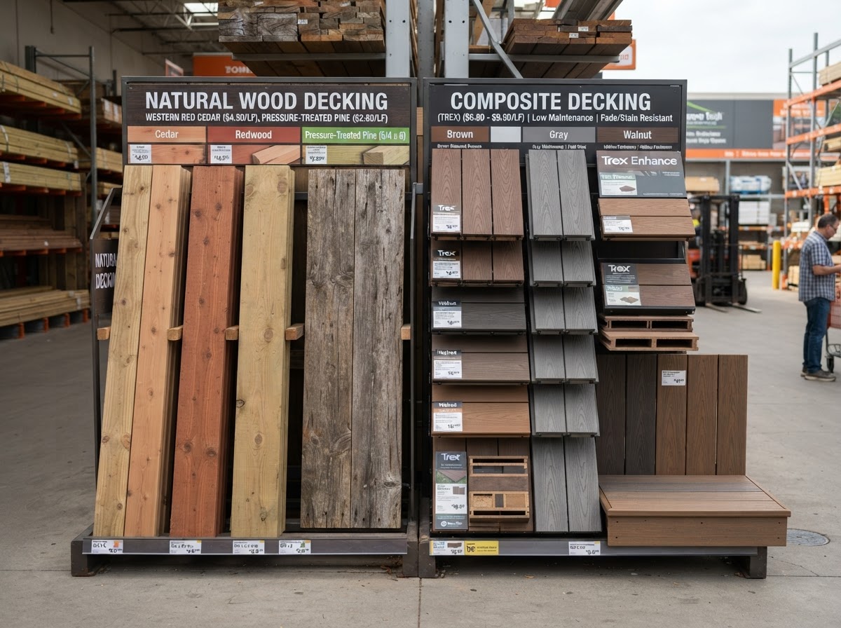 Wood and composite decking material options compared for a residential deck project.
