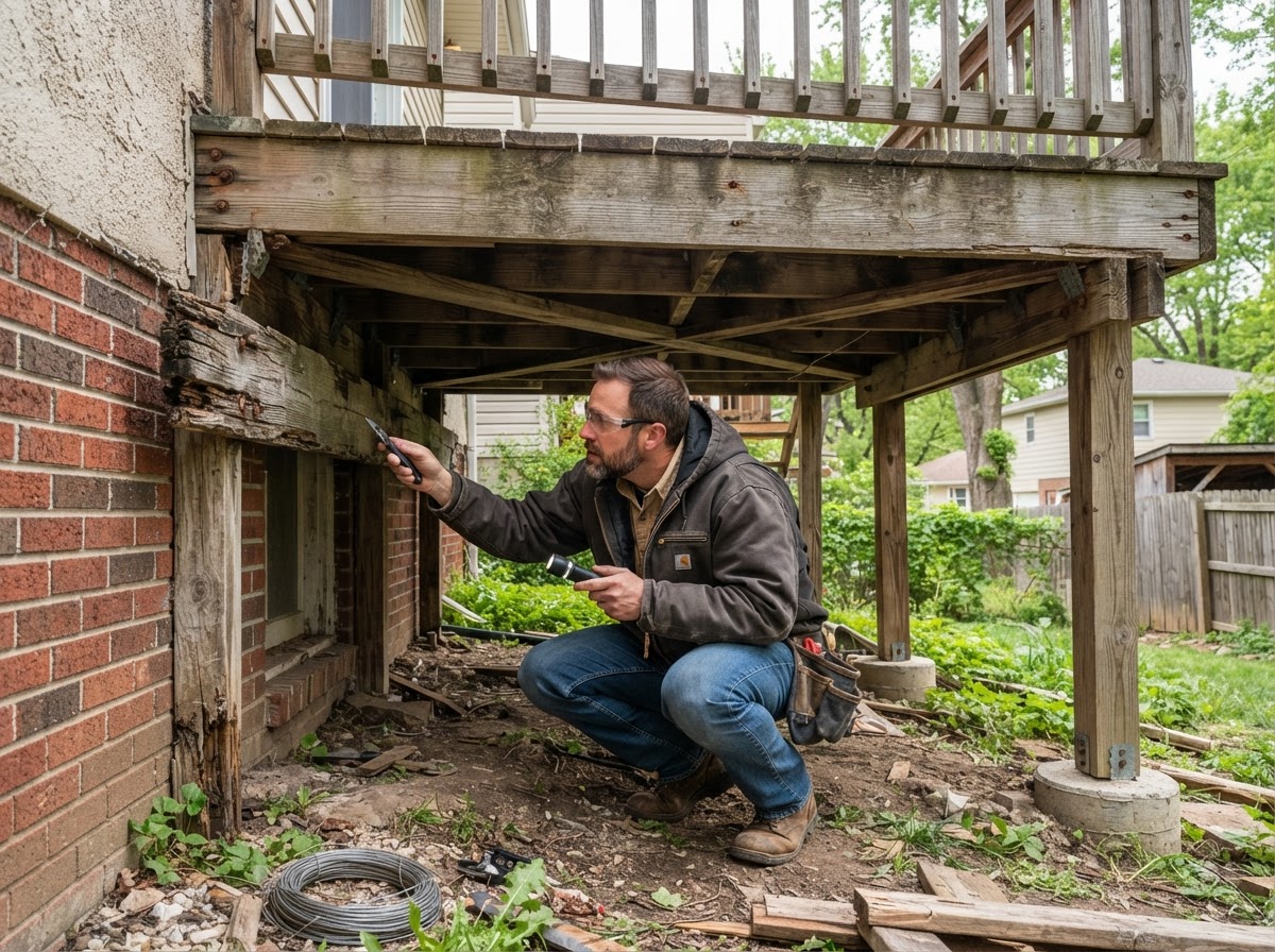 Contractor inspecting the underside framing of an old residential deck for rot and structural issues.