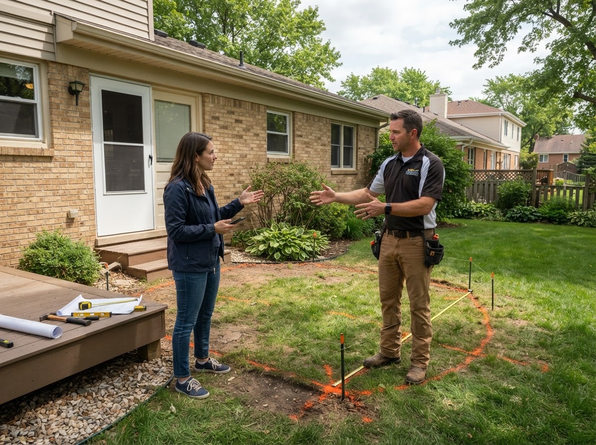 Homeowner and contractor planning patio layout and placement in a Midwest backyard.