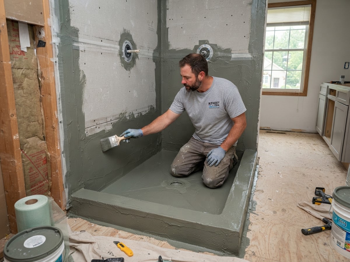 Waterproofing membrane installation on shower walls before tile in a bathroom remodel.
