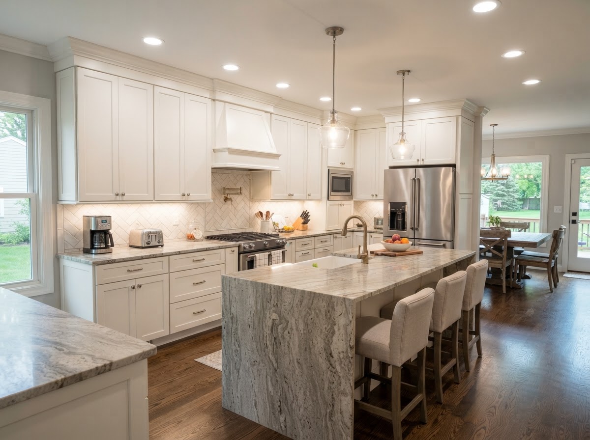 Completed kitchen remodel with coordinated cabinets, countertops, and finishes in a Midwest home.