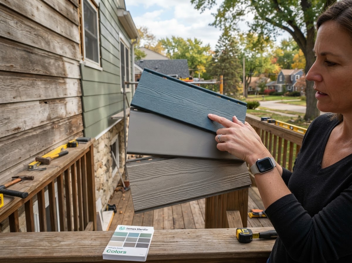 Fiber cement siding material samples in different colors being compared for a Midwest home exterior renovation.