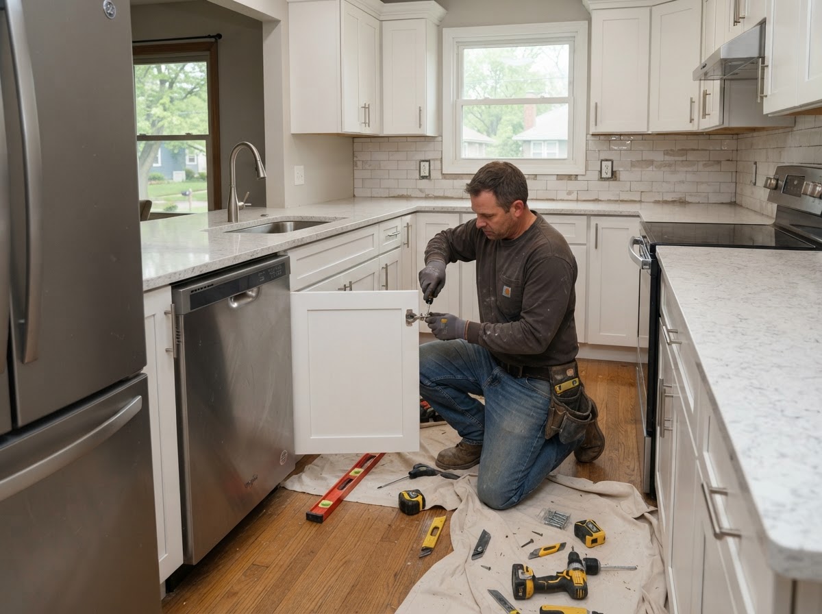 Kitchen remodel in progress showing new cabinets and countertops being installed in a Kansas City home.