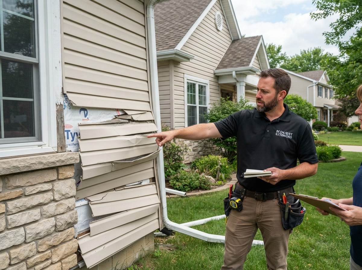 Contractor inspecting cracked and warped vinyl siding on a Midwest suburban home.