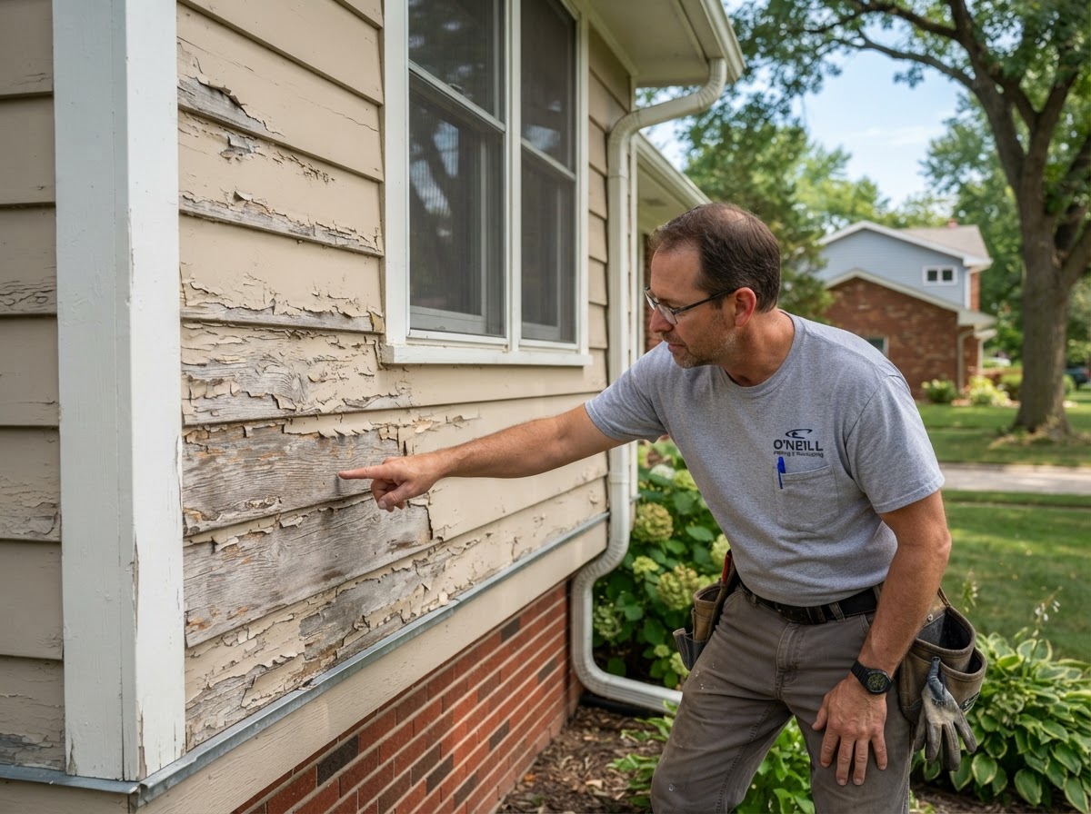 Contractor inspecting peeling and cracked exterior paint on a Midwest suburban home.
