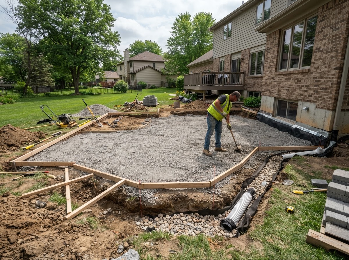 Patio construction site showing base preparation and drainage work in a Midwest backyard.