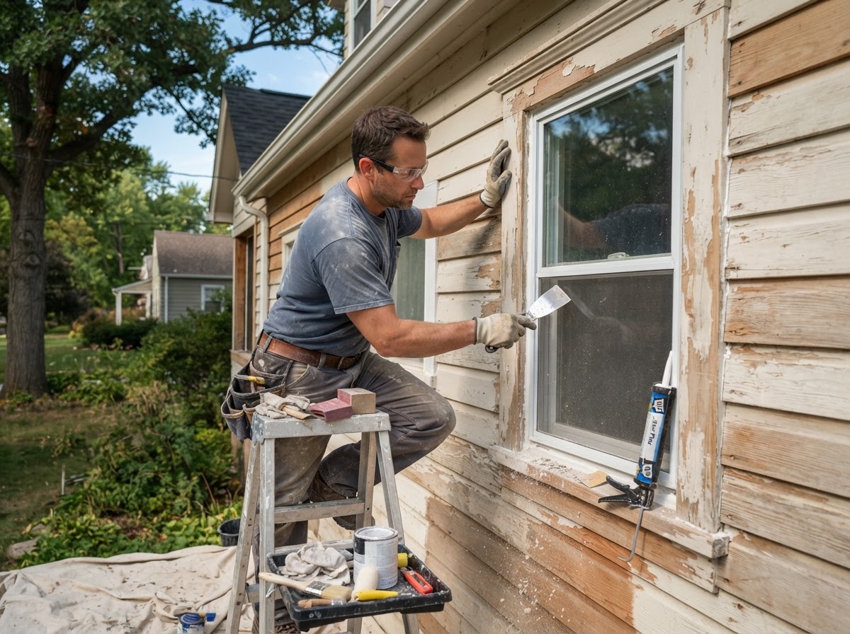 Contractor preparing a home exterior for painting by scraping, sanding, and caulking trim and siding.