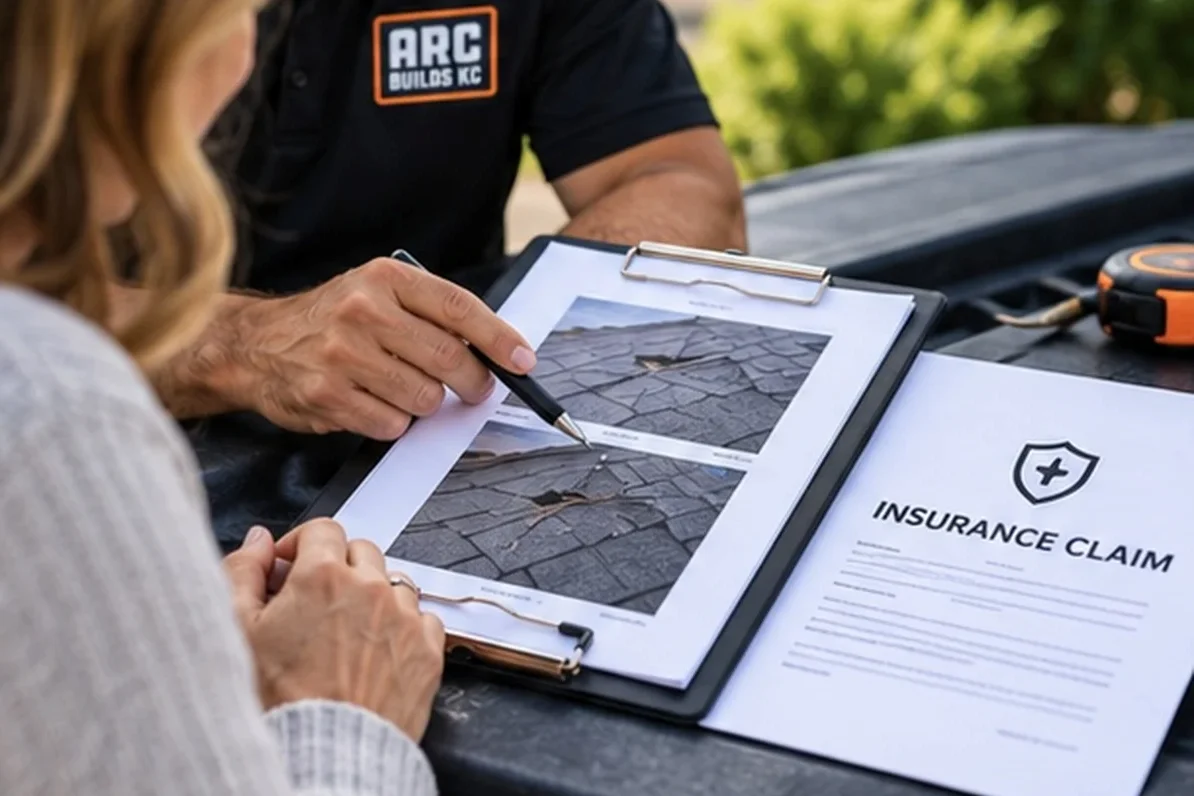 Illustration of an ARC Builds KC contractor reviewing storm damage photos and insurance documentation with a homeowner.