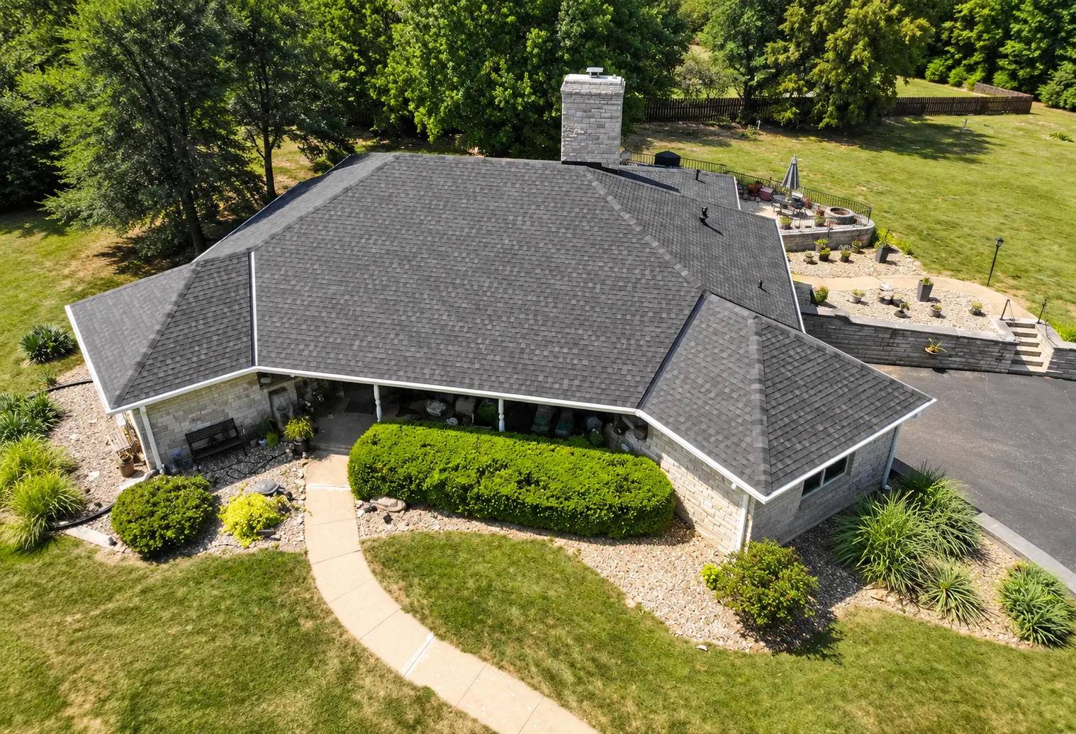 Aerial view of a completed ARC Builds KC roof replacement in the Kansas City area