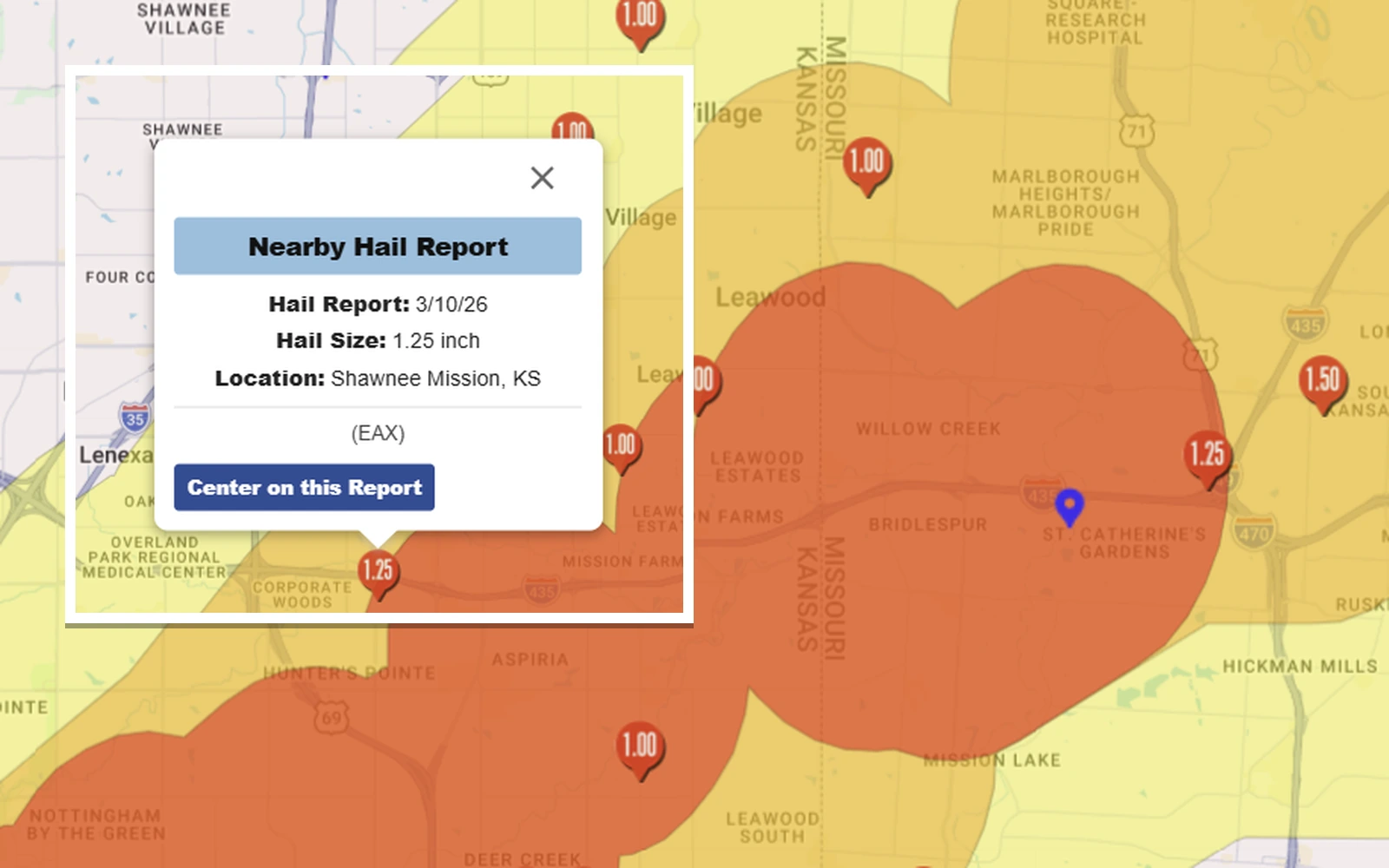 Hail history map showing reported hail paths and hail sizes near Overland Park, Kansas.