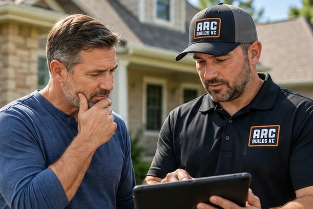 Illustration of an ARC Builds KC contractor discussing roof repair and replacement options with a Kansas City homeowner.