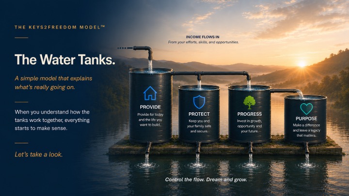 The Keys2Freedom Water Tanks Model showing Provide, Protect, Progress, and Purpose tanks