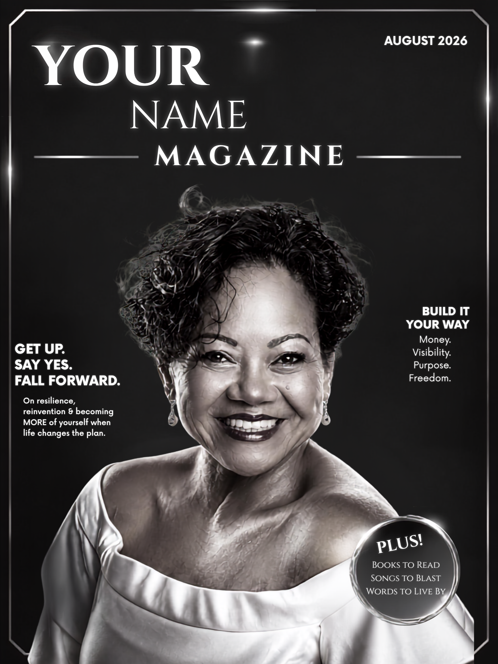 Sample magazine cover showing YOUR NAME MAGAZINE with professional editorial layout
