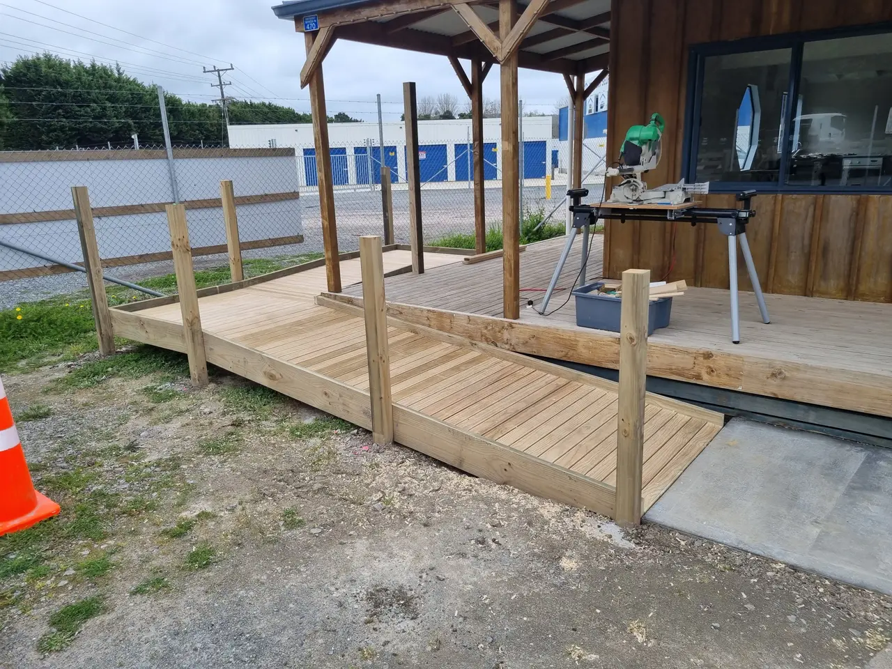 Timber Access Ramp - Timber access ramp under construction with posts set and decking laid.
