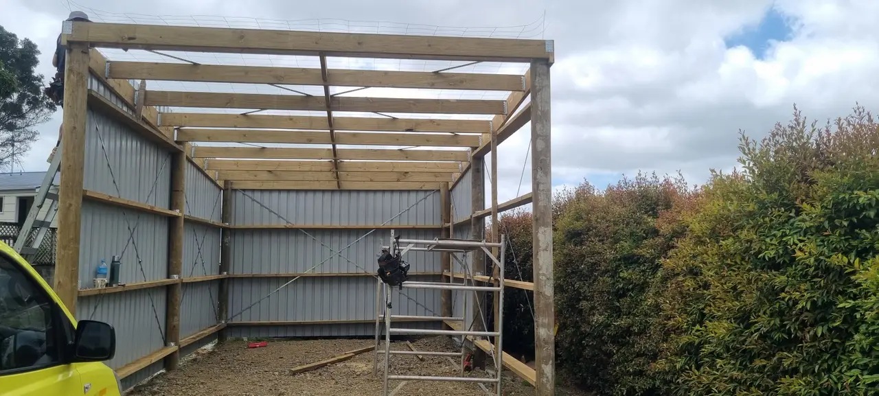 Metal-Clad Utility Shed - Picture showing the wooden frame of the shed building in progress.
