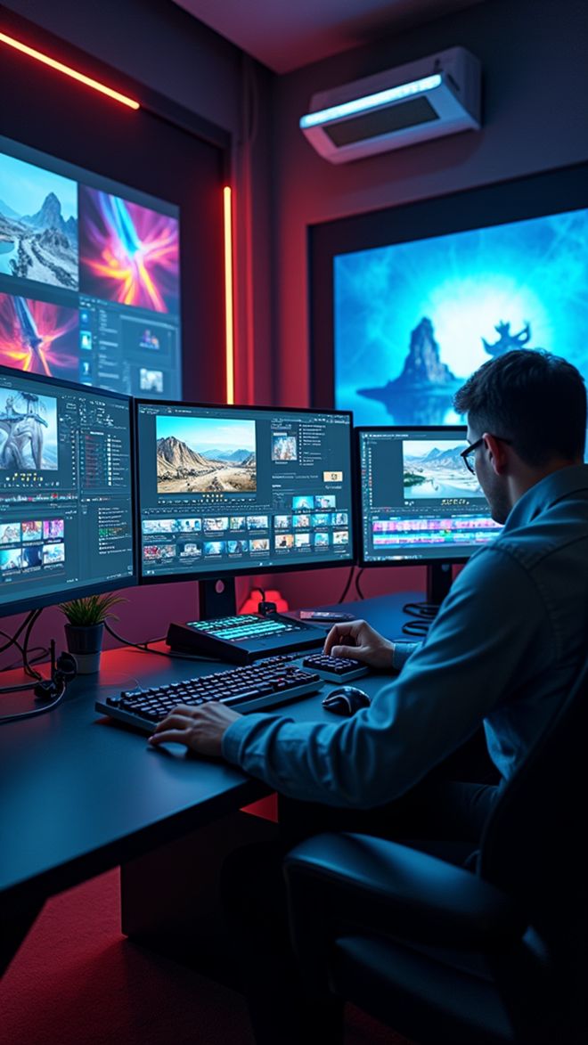 Multi-monitor commercial video production suite in Houston