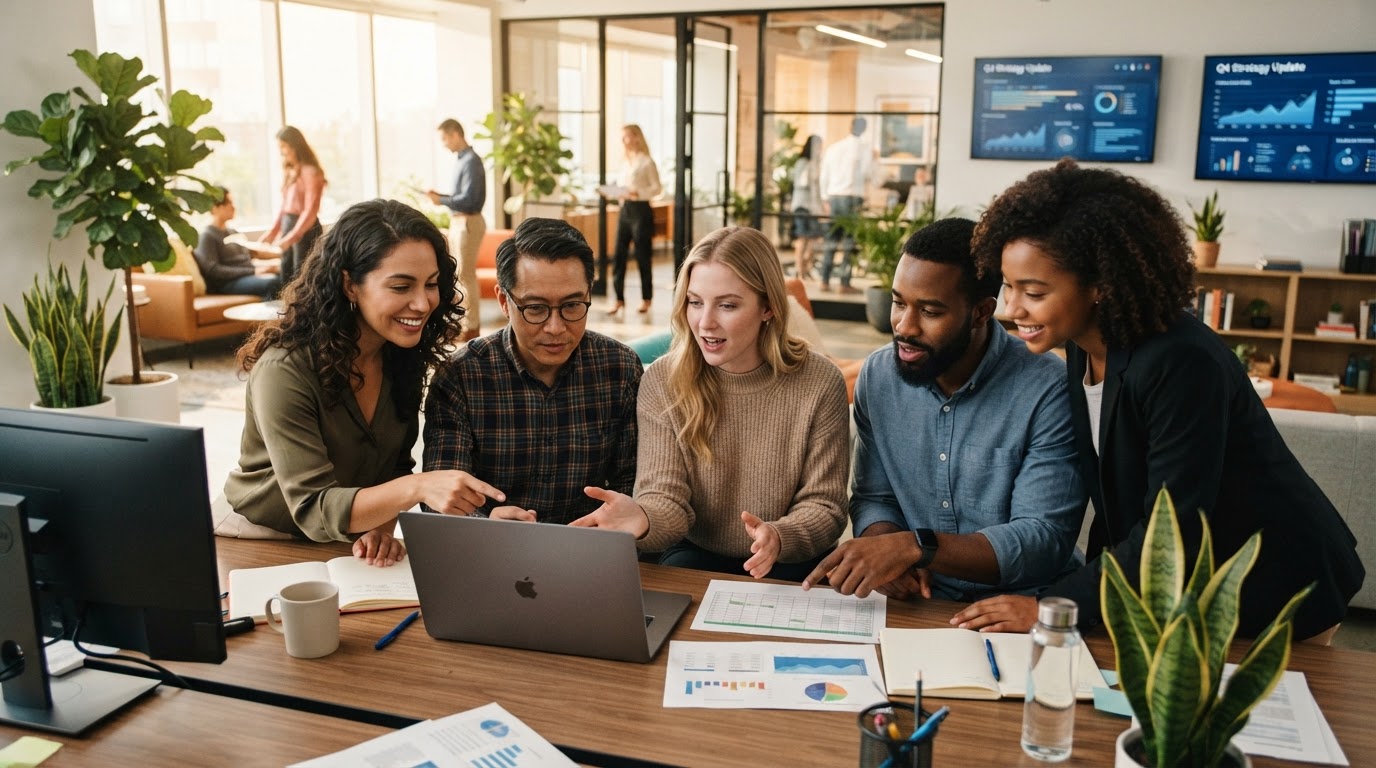 Diverse office staff collaborating around a desk