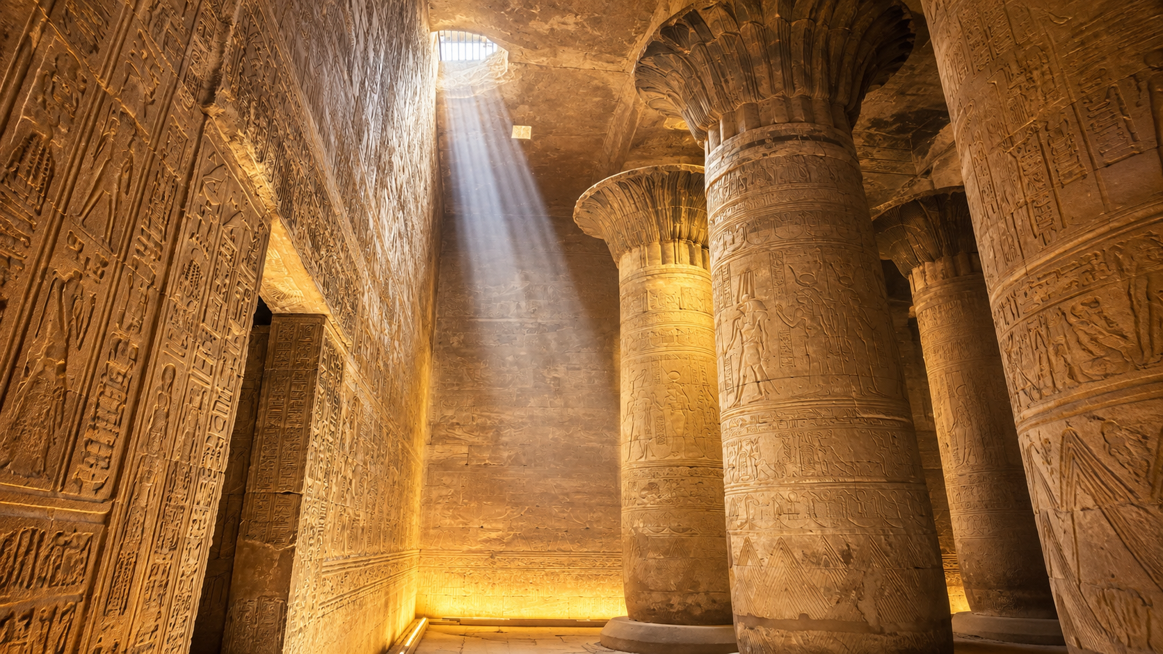 Ancient Egyptian temple with light streaming through its columns