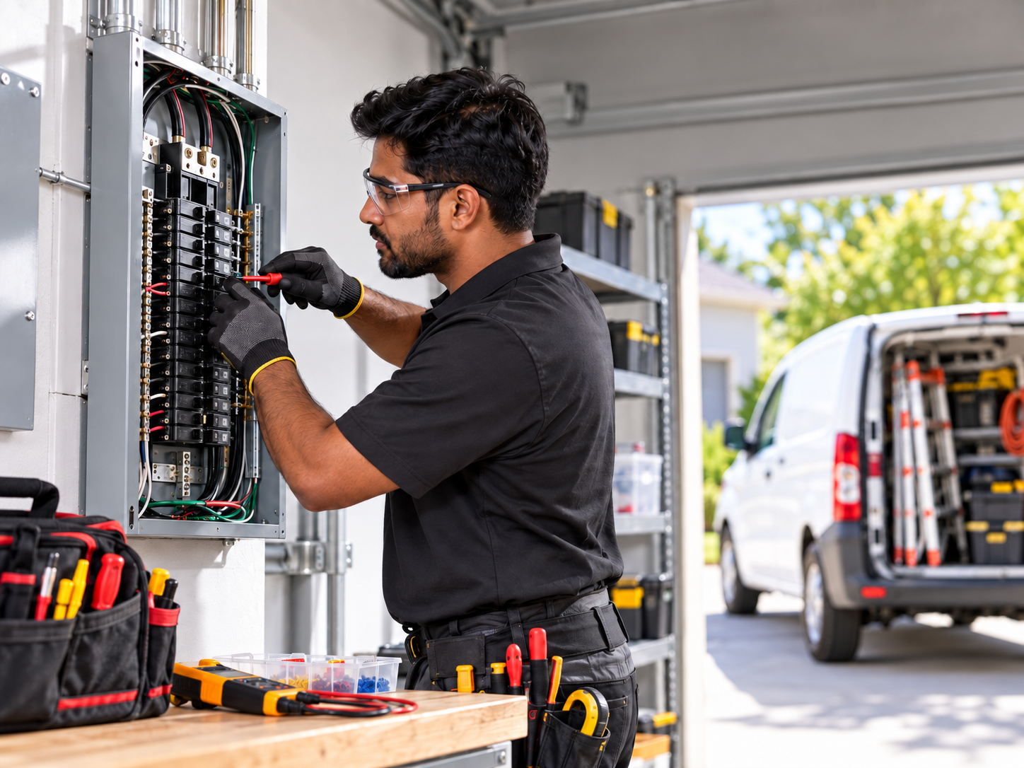 Electrician inspecting and wiring a breaker panel with electrical tools