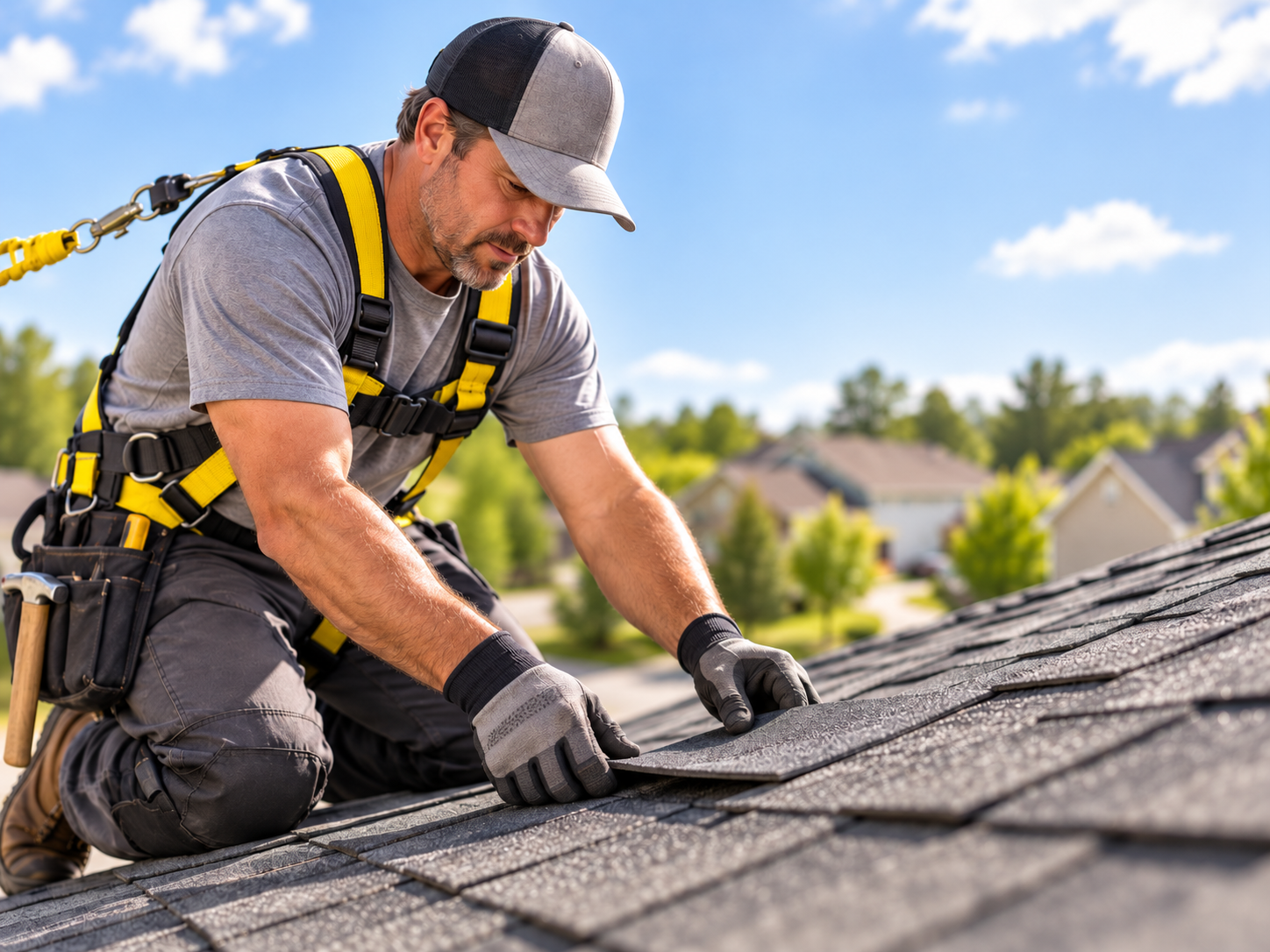 Roofing contractor installing shingles with safety harness on residential roof