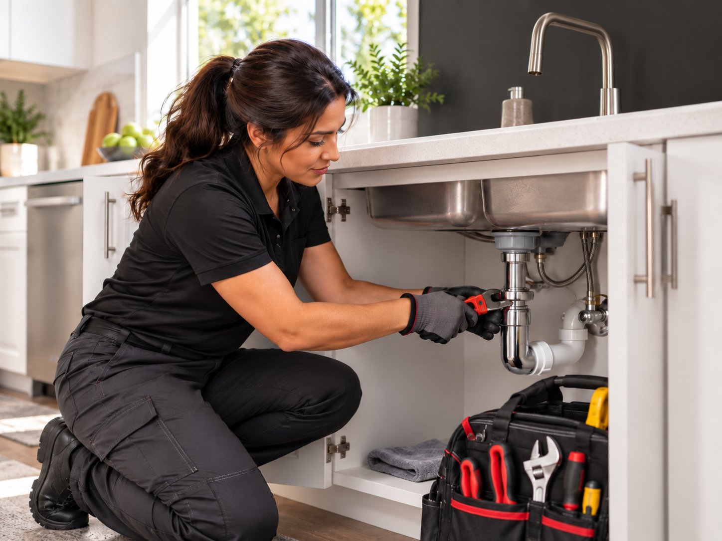 Plumbing professional repairing pipe fittings under a sink