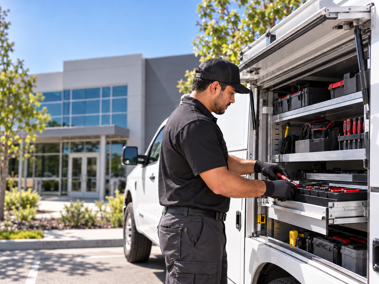 Service technician selecting equipment from utility truck for commercial service call