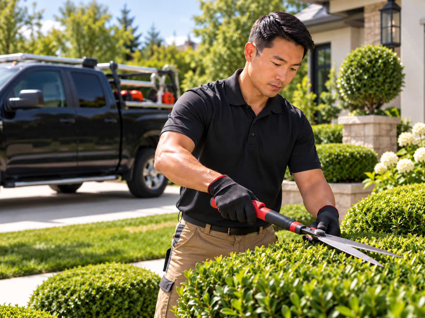 Landscaping professional maintaining hedges outside a client property